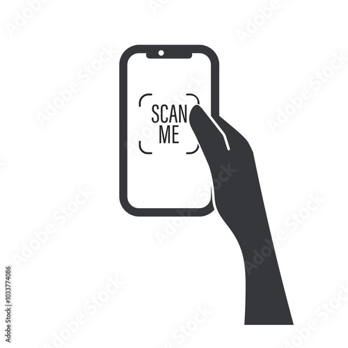 Isolated pictogram illustration hand poiting smartphone camera to QR code, scan me here symbol