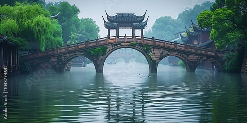 Arched bridge at sunset in a traditional Jiangnan water town, Zhejiang province. A beautiful depiction of Chinese culture with serene waterways, ancient architecture, and golden sunset light reflectin photo