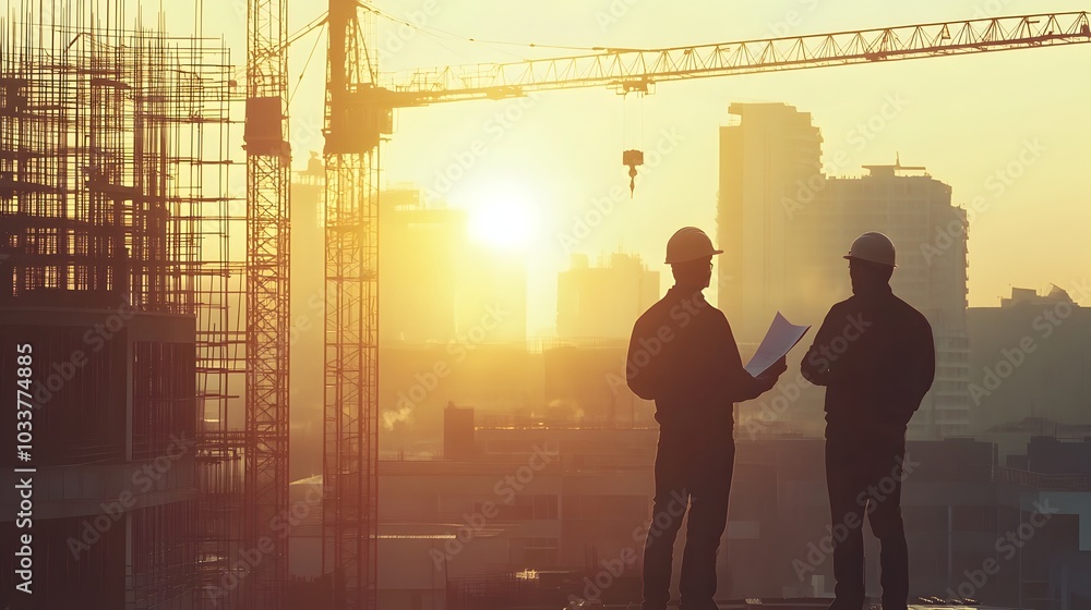 Engineers Reviewing Building Plans at Construction Site During Sunrise Engineers Reviewing Building Plans at Construction Site During Sunrise