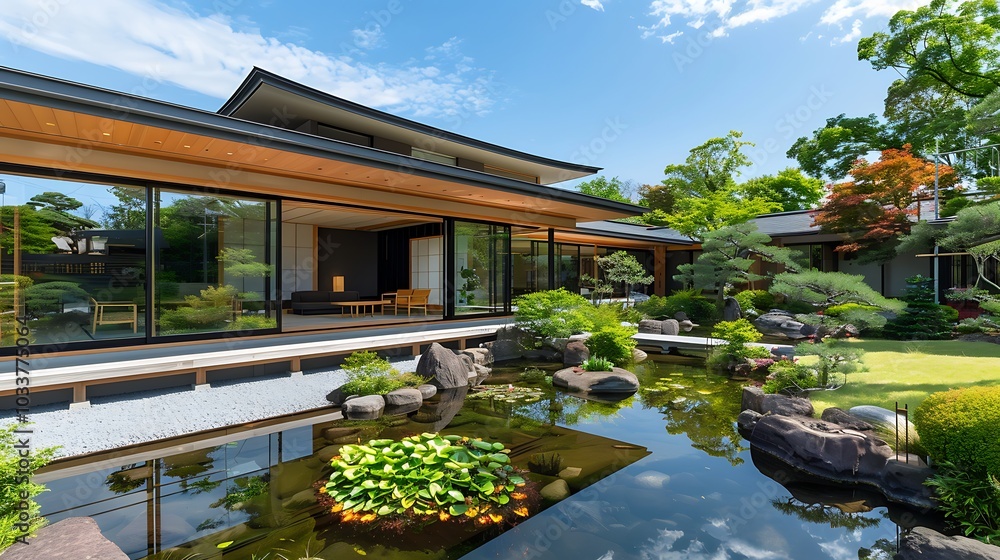 Modern Japanese House with Garden Pond and Sky Reflection Modern Japanese House with Garden Pond and Sky Reflection