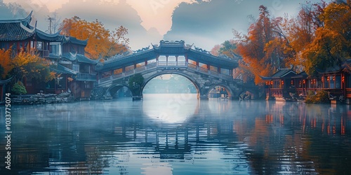 Arched bridge at sunset in a traditional Jiangnan water town, Zhejiang province. A beautiful depiction of Chinese culture with serene waterways, ancient architecture, and golden sunset light reflectin photo