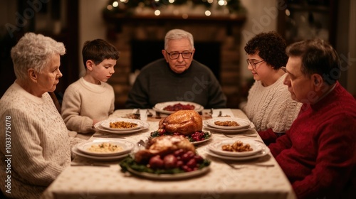 family seated around a festively decorated table enjoying a warm and joyful holiday meal together in a cozy intimate setting