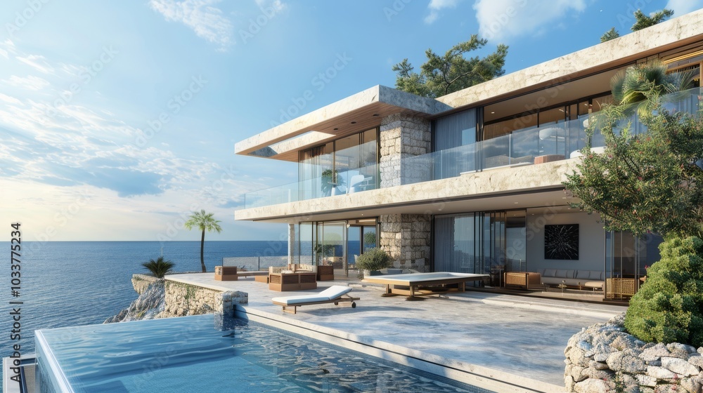 Fototapeta premium A contemporary two-story villa by the sea, featuring a large terrace and an empty pool space in the foreground. The villa is constructed with stone and glass