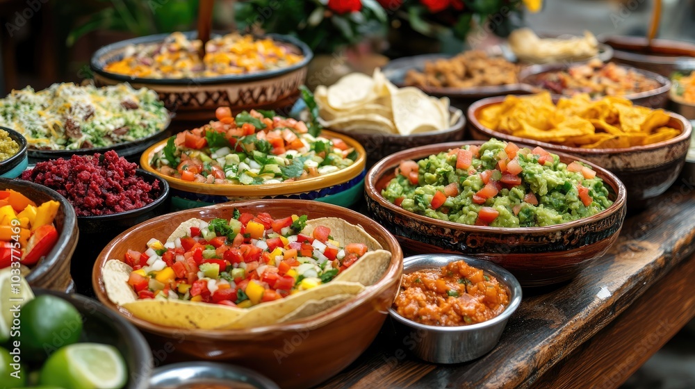 A variety of delicious dishes are laid out on a table. This photo can be used to represent a potluck, party, or gathering where people share food. A variety of delicious dishes are laid out on a table. This photo can be used to represent a potluck, party, or gathering where people share food.