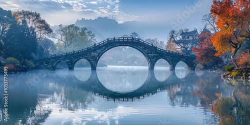 Arched bridge at sunset in a traditional Jiangnan water town, Zhejiang province. A beautiful depiction of Chinese culture with serene waterways, ancient architecture, and golden sunset light reflectin photo