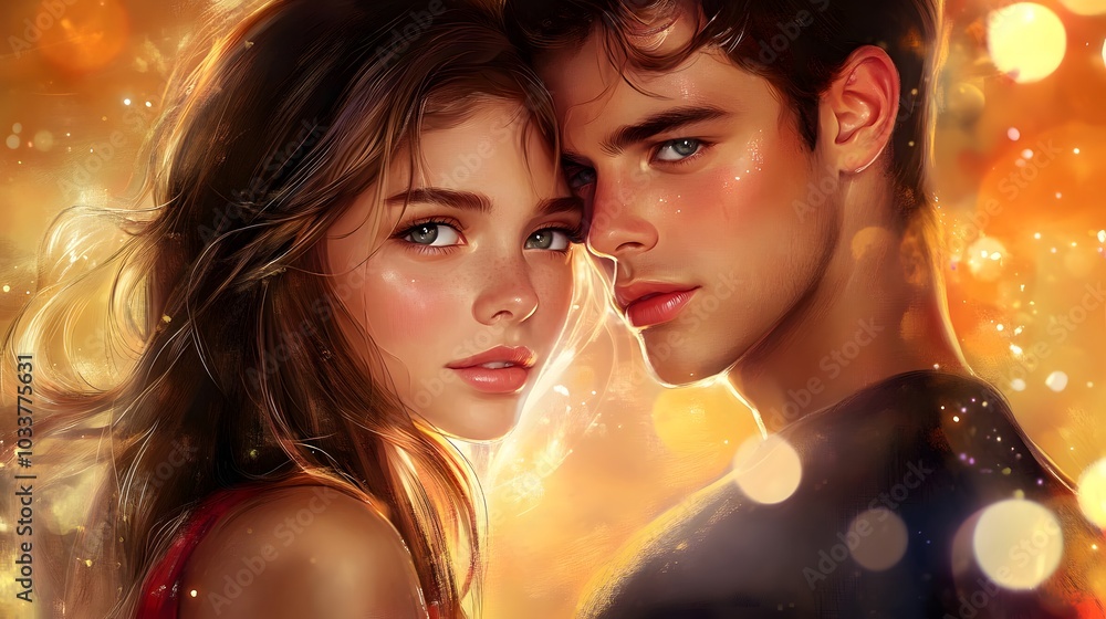Ultra-realistic portrait of a young couple in love under golden lighting Ultra-realistic portrait of a young couple in love under golden lighting