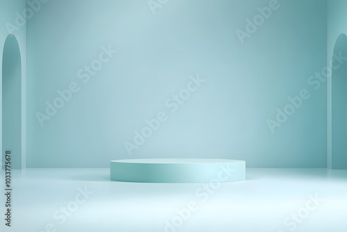 Abstract pastel teal color and gradient cyan light background with mint green table backdrops display product design. Turquoise empty space room for showing. Blur 3D render podium stage vector texture photo