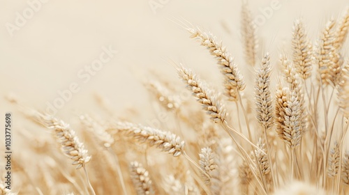 Golden wheat ears align right on a creamy off-white background, emphasizing a minimalist style with soft shadows and crisp focus, showcasing an agricultural concept.