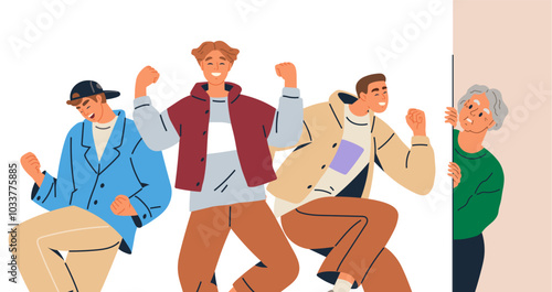 Group of three young people dancing energetically with joy while an older individual watches curiously from the side. Ideal for themes of friendship, celebration, youth, generational differences, and