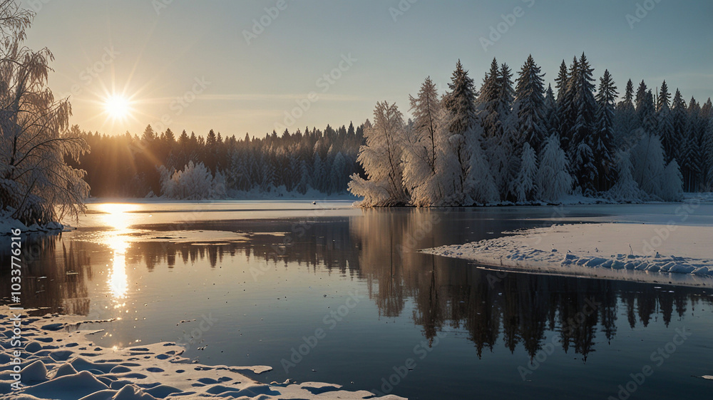 Fototapeta premium Frosty Landscape at Dawn with Pristine Reflection