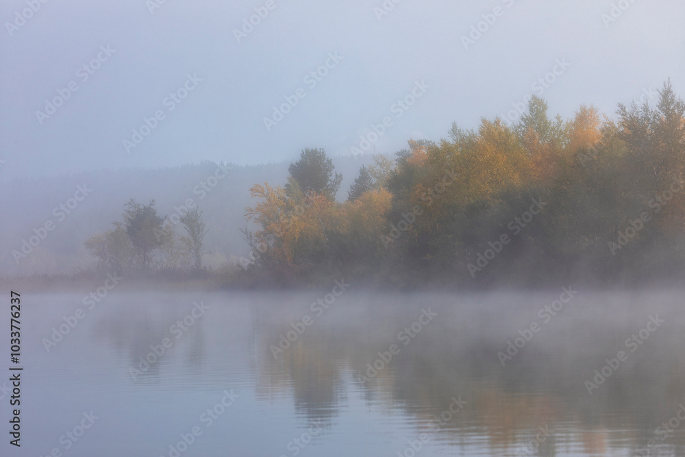 Beautiful autumn landscape with the fog and river . Russia Beautiful autumn landscape with the fog and river . Russia