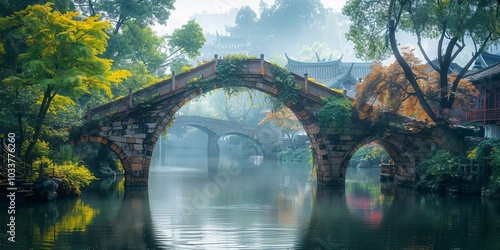 Arched bridge at sunset in a traditional Jiangnan water town, Zhejiang province. A beautiful depiction of Chinese culture with serene waterways, ancient architecture, and golden sunset light reflectin photo