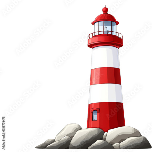 Colorful cartoon lighthouse on rocks, white isolated background.