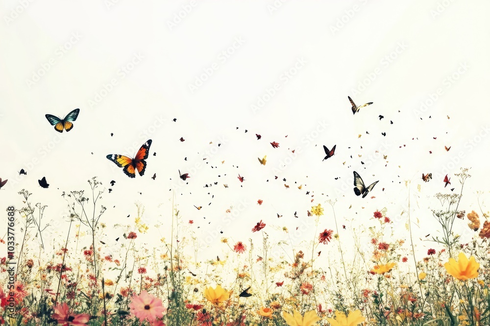 Butterflies fly over field of flowers. This image is perfect for spring and summer themes, and symbolizes happiness and freedom. Butterflies fly over field of flowers. This image is perfect for spring and summer themes, and symbolizes happiness and freedom.