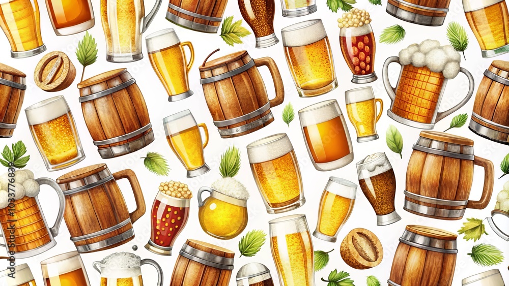 Pub Pattern Design for Macro Photography Featuring Beer Mugs, Pint Glasses, and Barrels on White Background for Home Decor and Restaurant Interior Design Pub Pattern Design for Macro Photography Featuring Beer Mugs, Pint Glasses, and Barrels on White Background for Home Decor and Restaurant Interior Design