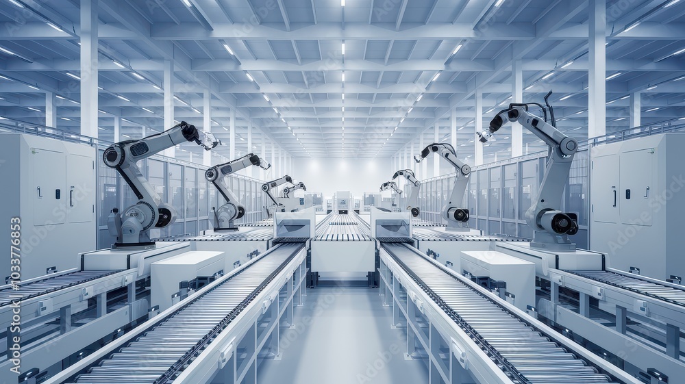 Futuristic automated factory with state of the art robotic machinery intelligent conveyor systems and high tech production equipment  A modern