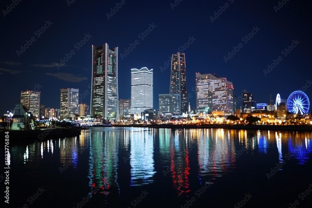 Nighttime skyline of Yokohama showcasing vibrant lights and reflections on the water Nighttime skyline of Yokohama showcasing vibrant lights and reflections on the water