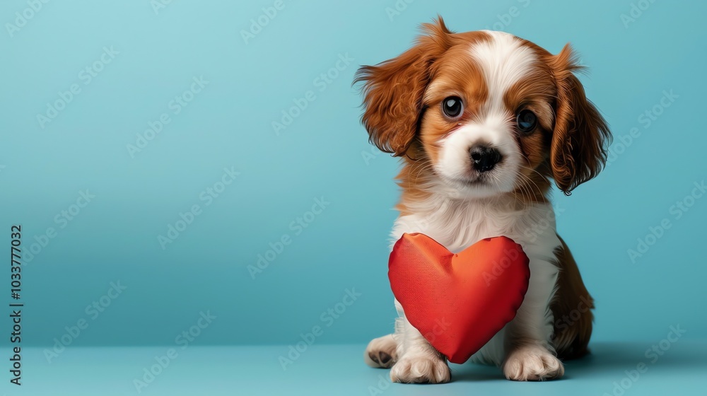 A cute puppy holding a red heart on a blue background. A cute puppy holding a red heart on a blue background.