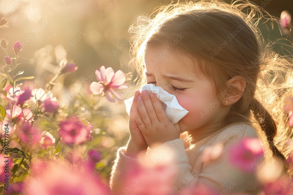 Little girl sneezes in a field. This image shows a child suffering from allergies, perfect for representing healthcare and seasonal changes. Little girl sneezes in a field. This image shows a child suffering from allergies, perfect for representing healthcare and seasonal changes.