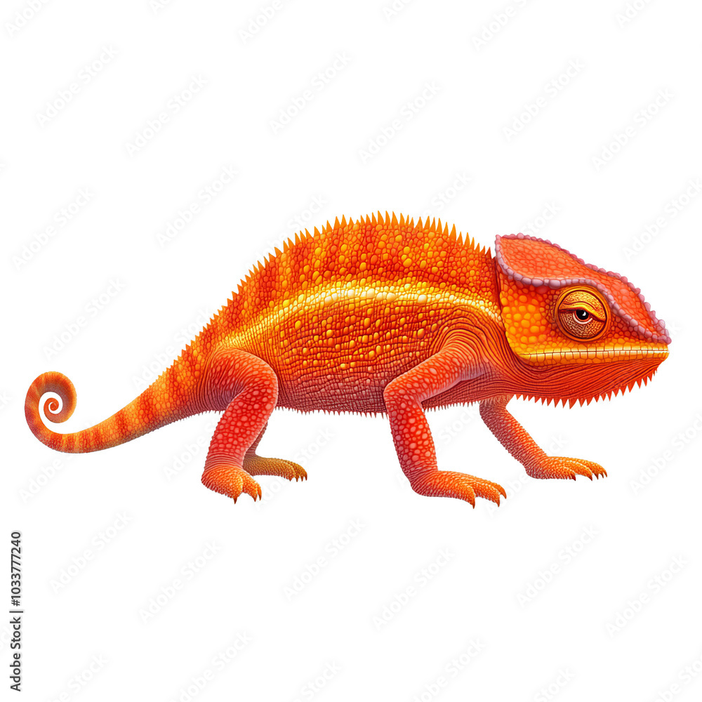 Fototapeta premium Colorful chameleon in vibrant orange hues, white isolate background.