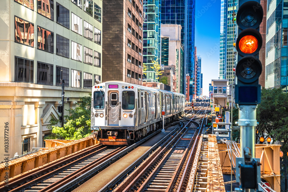 Chicago L elevated rapid transit system station and train view