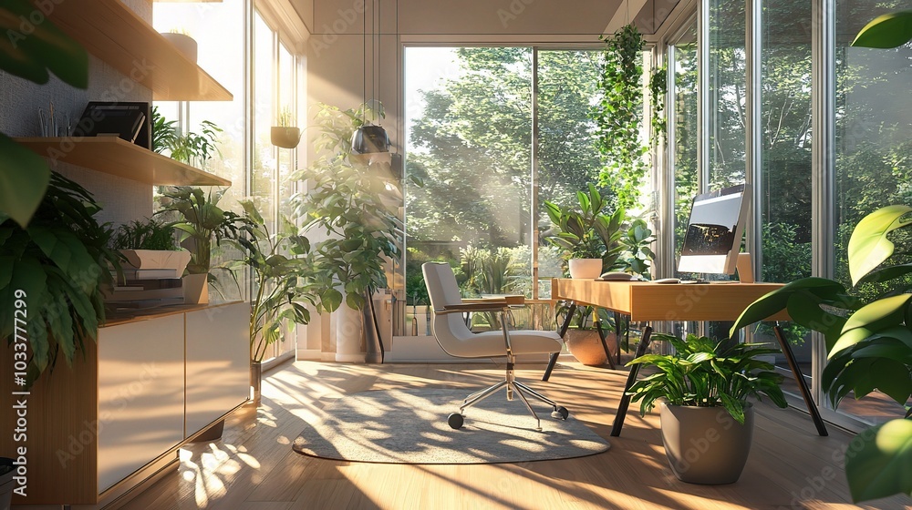Fototapeta premium Bright and Modern Indoor Workspace with Plants