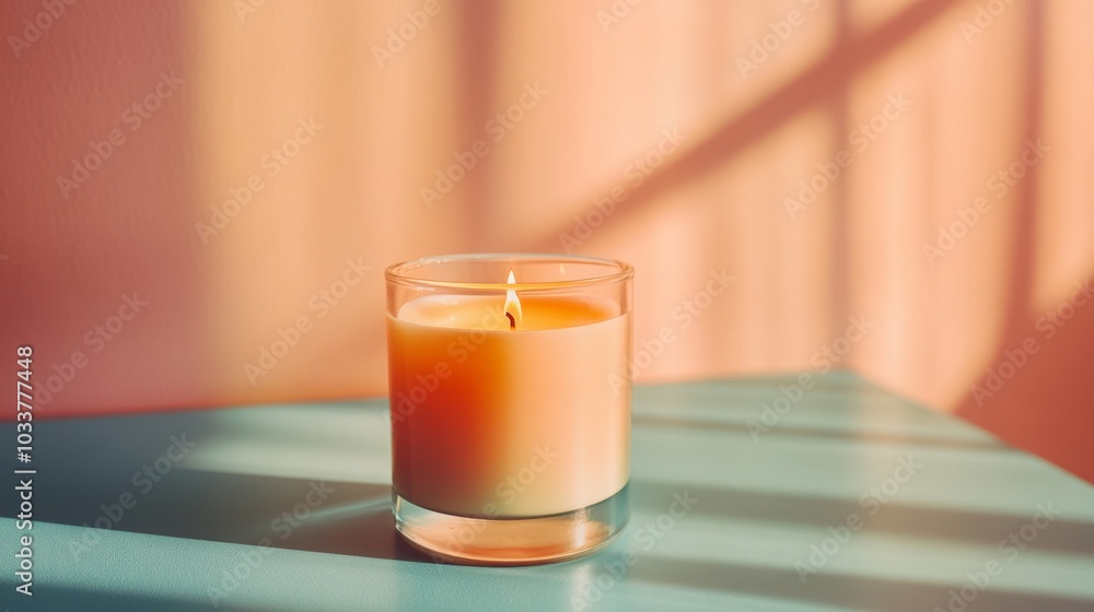 A candle is lit in a glass on a table A candle is lit in a glass on a table