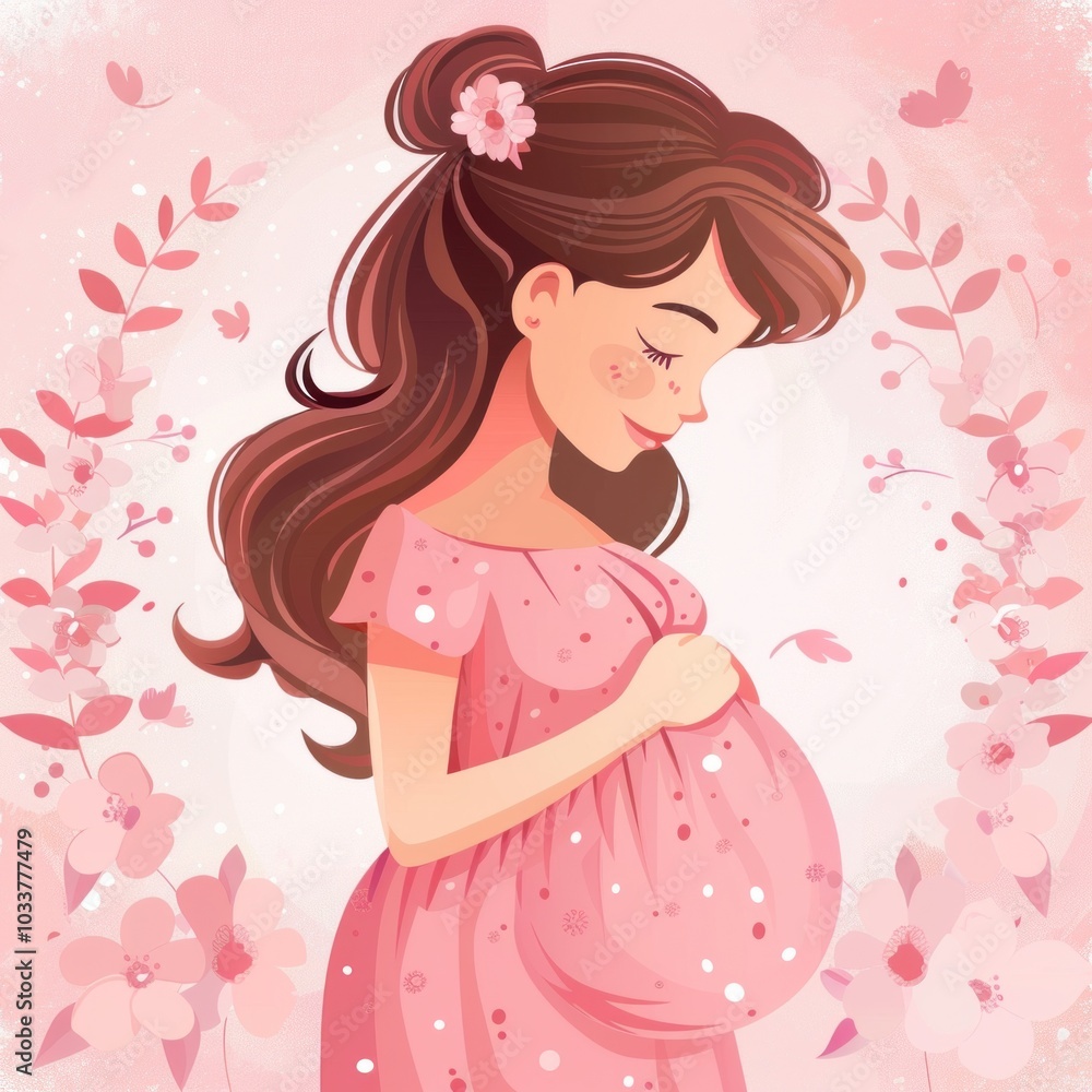Illustration of pregnant woman in pink dress surrounded by floral elements Illustration of pregnant woman in pink dress surrounded by floral elements
