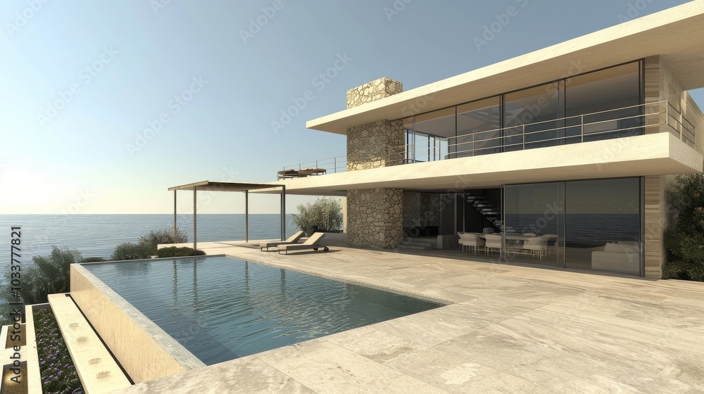 Fototapeta premium A contemporary two-story villa by the sea, featuring a spacious terrace and an empty pool area in front. The villa is constructed with stone and glass