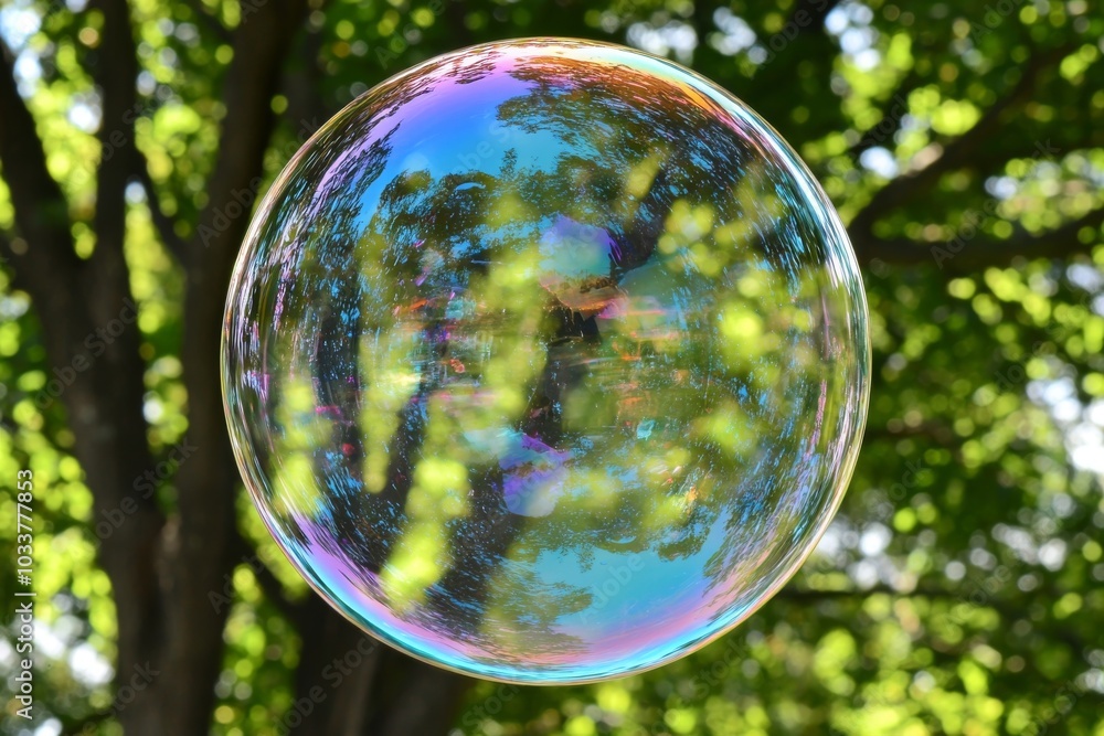 A large soap bubble reflects vibrant colors and tree foliage, creating a dreamy, whimsical outdoor scene. A large soap bubble reflects vibrant colors and tree foliage, creating a dreamy, whimsical outdoor scene.