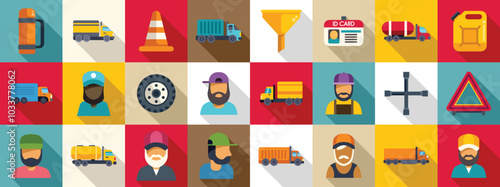 Trucker icons set. Truck driver profession icons set showing cargo delivery and transportation industry