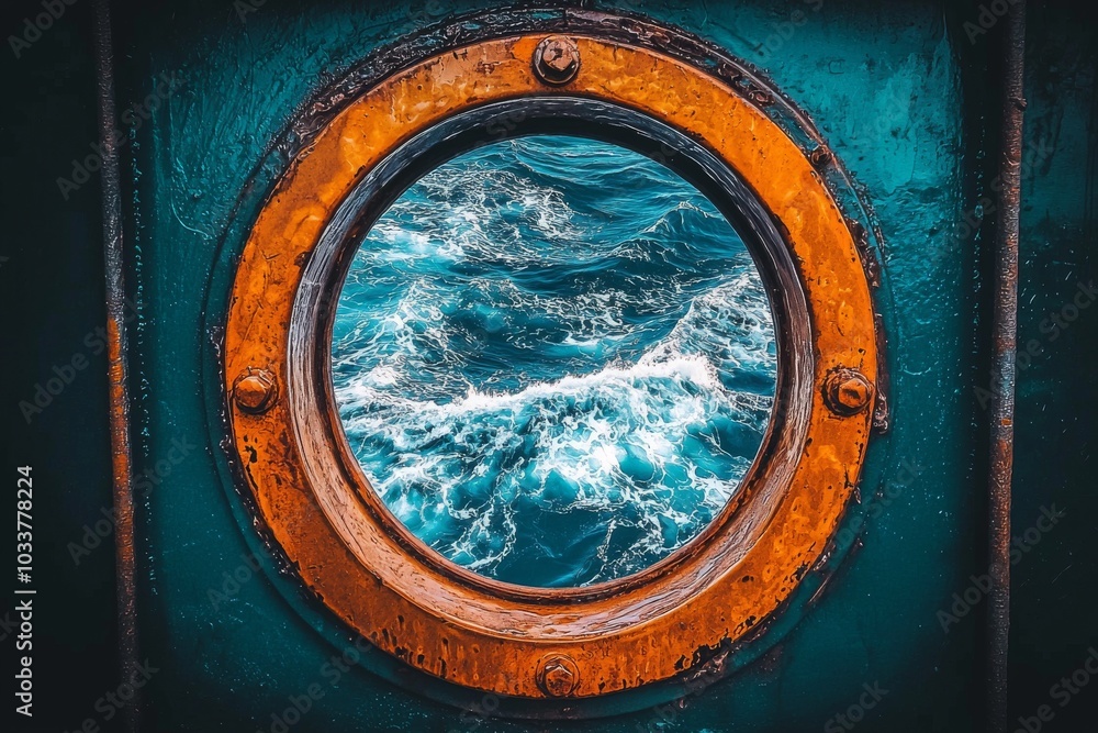 Obraz premium A view of tumultuous ocean waves through a rusted porthole, showcasing vibrant turquoise and deep blue colors.