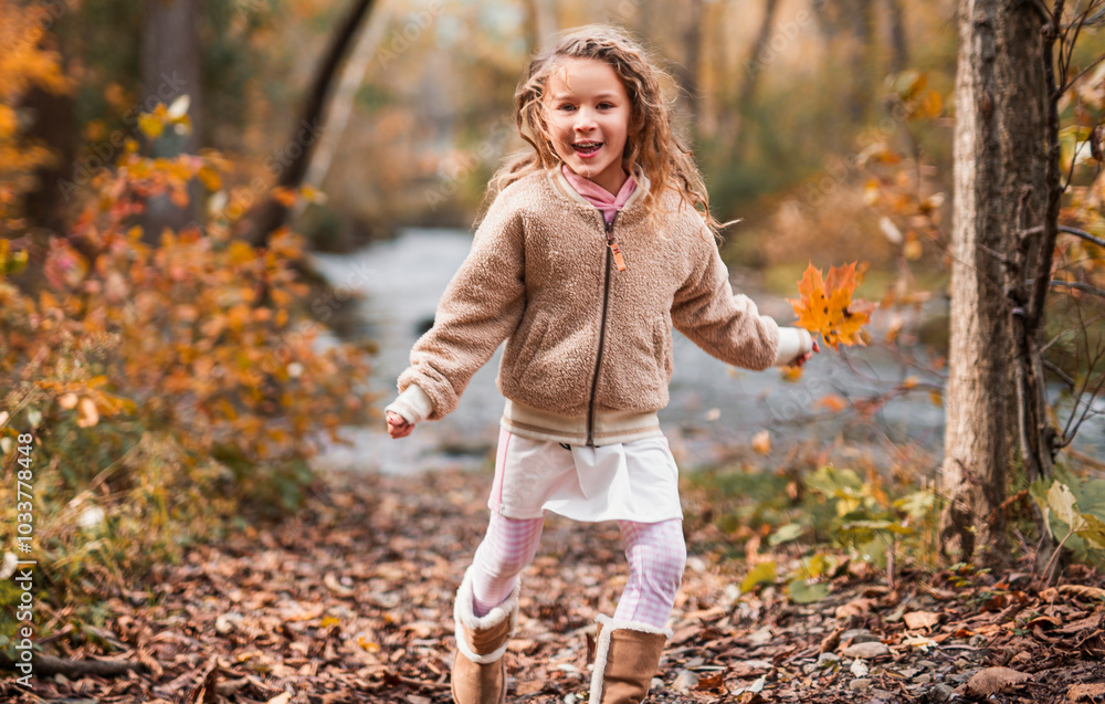 Child girl having fun on Autumn Forest Child girl having fun on Autumn Forest