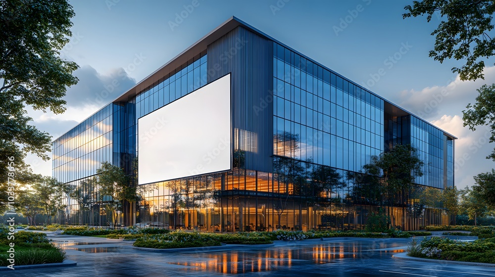 A modern office building with a light blue glass facade and a large display panel is portrayed in a panoramic urban landscape, capturing clean lines and reflective surfaces. A modern office building with a light blue glass facade and a large display panel is portrayed in a panoramic urban landscape, capturing clean lines and reflective surfaces.