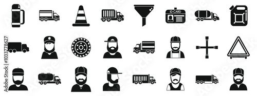 Trucker icons set. This set of icons depicts truck drivers and various trucks and supplies they use in their work