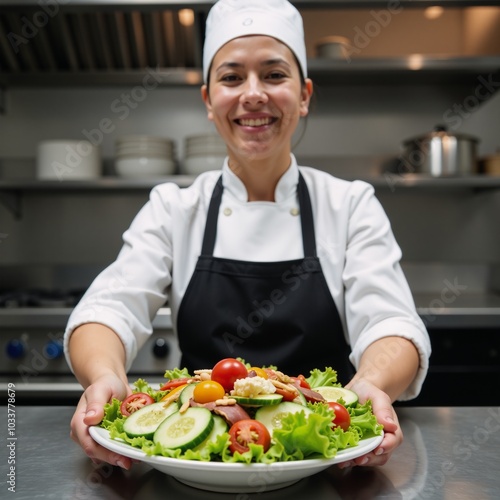 A vibrant professional-kitchen scene showcases a skilled chef proudly presenting a colorful delicious salad platter to delight foodies photo