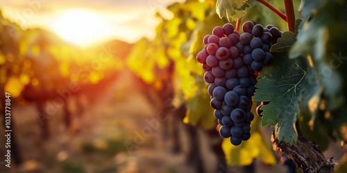 Lush vineyard filled with ripe grapes under the warm golden sunlight of dusk.