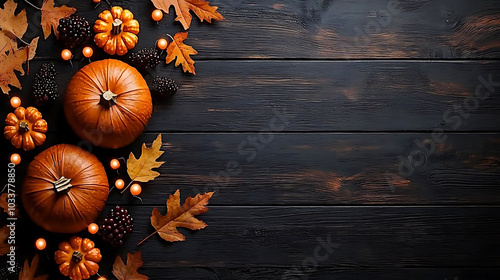 Pumpkins and autumn leaves create cozy, festive atmosphere on dark wooden background, perfect for seasonal celebrations