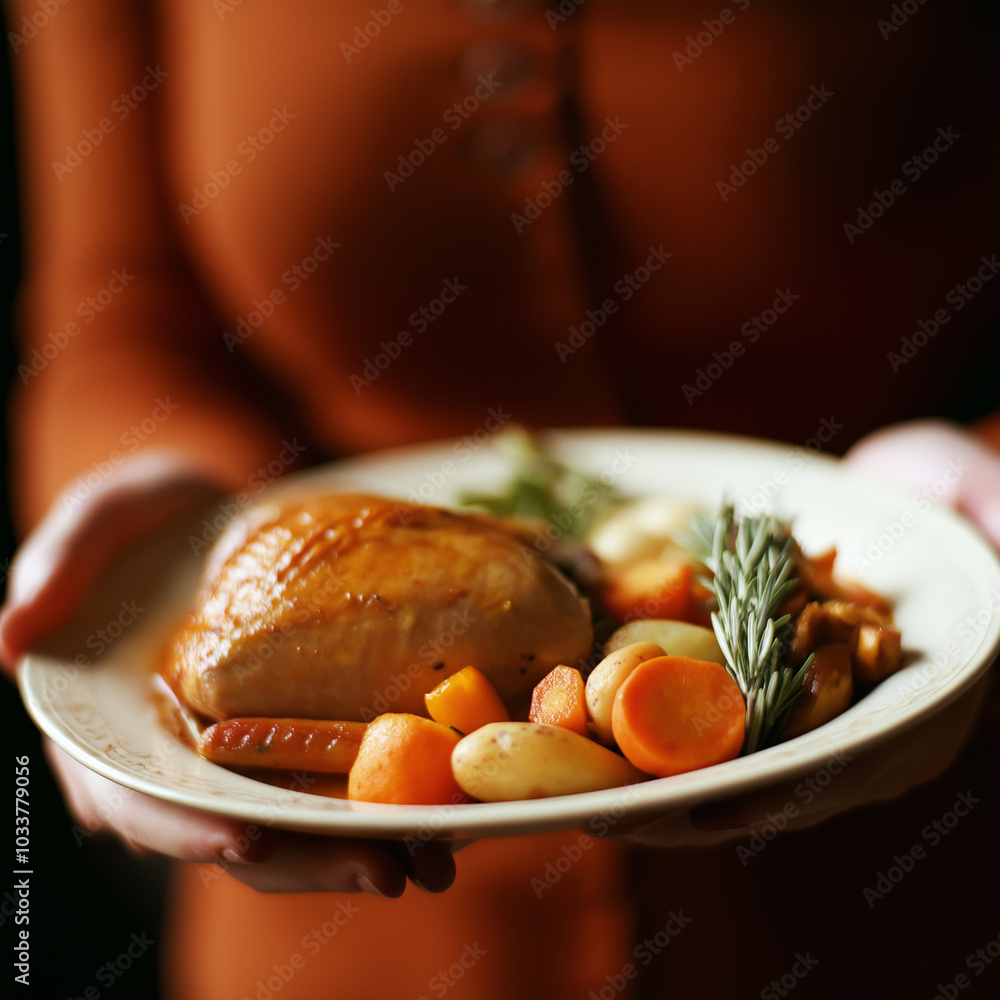 Thanksgiving Feast. A close-up of a person holding a plate of food with a warm orange background Thanksgiving Feast. A close-up of a person holding a plate of food with a warm orange background