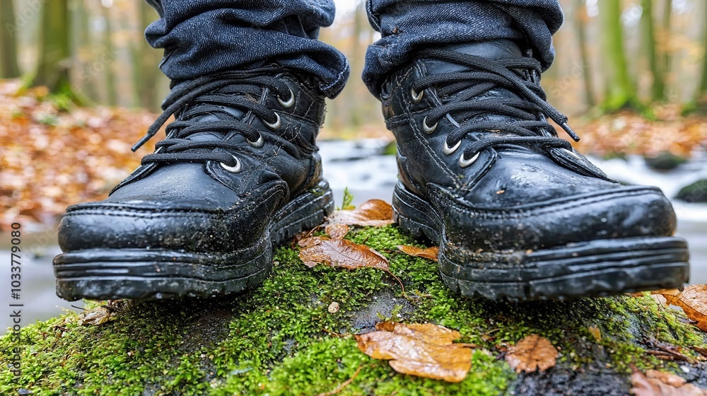 Close-up of black hiking boots resting on a mossy rock in a serene forest setting with autumn leaves. Close-up of black hiking boots resting on a mossy rock in a serene forest setting with autumn leaves.