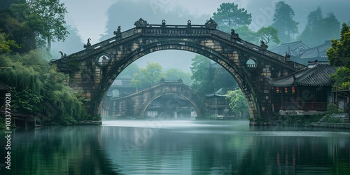 Arched bridge at sunset in a traditional Jiangnan water town, Zhejiang province. A beautiful depiction of Chinese culture with serene waterways, ancient architecture, and golden sunset light reflectin photo