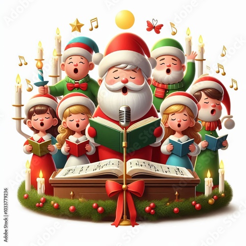 Christmas Choir with Santa Claus Leading, Holding Sheet Music While Singing Christmas Carols