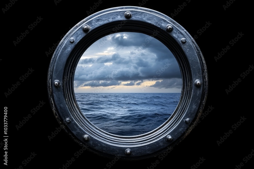 A dramatic view through a ship's porthole, showcasing a stormy sea and cloudy skies, evoking a sense of adventure. A dramatic view through a ship's porthole, showcasing a stormy sea and cloudy skies, evoking a sense of adventure.