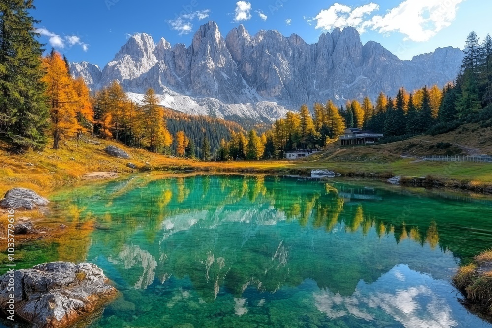 Fototapeta premium A breathtaking view of a serene lake reflecting the autumn colors and majestic mountains, capturing nature's beauty.