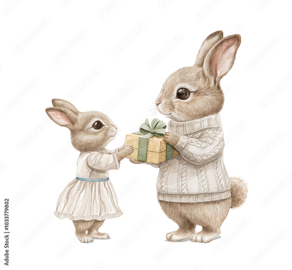 Fototapeta premium Watercolor vintage Christmas composition with daddy rabbit gives gift box to his daughter animals family in clothes isolated on white background. Hand drawn illustration sketch