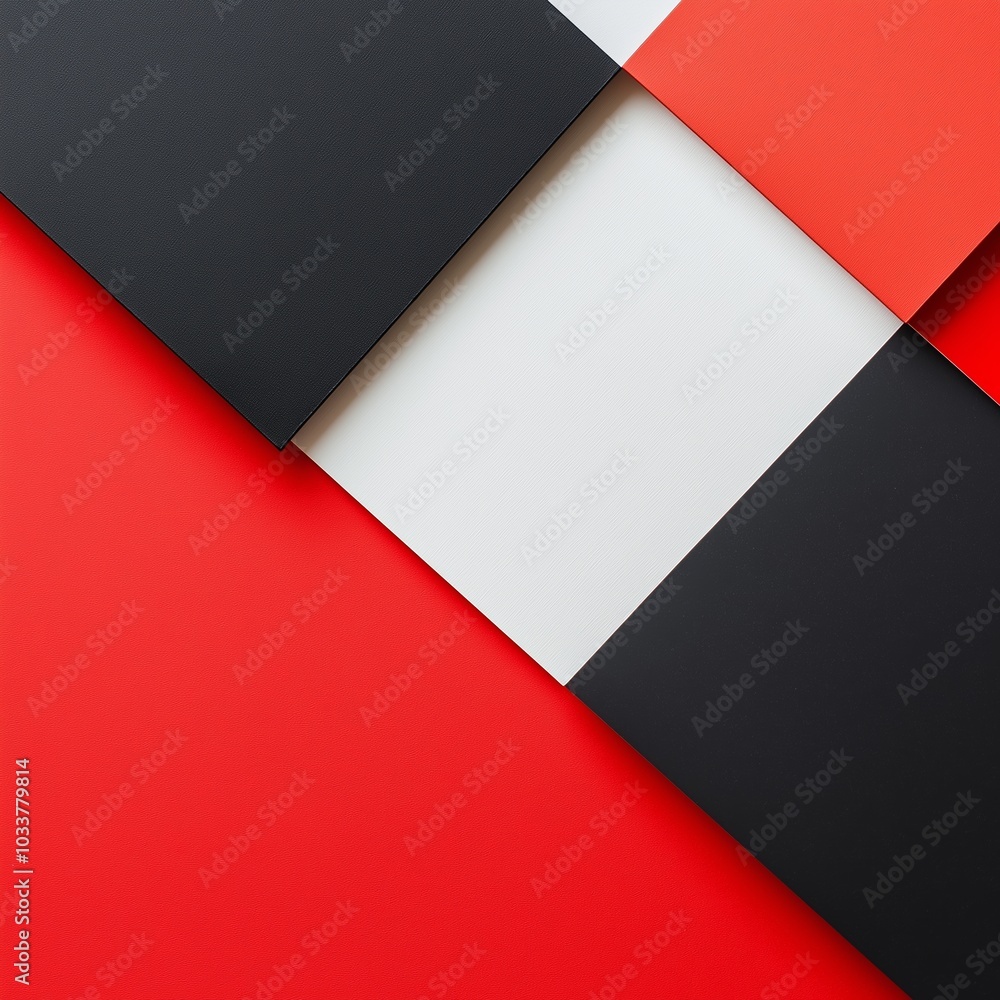 Overlaying rectangles in black, red, and white create a bold geometric pattern. Overlaying rectangles in black, red, and white create a bold geometric pattern.
