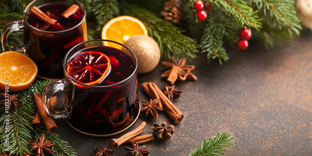 Fresh mulled wine on a wooden table on a backdrop of Christmas lights. Traditional hot Christmas drink served with spices and citrus fruits. Celebrating festive holidays. Fresh mulled wine on a wooden table on a backdrop of Christmas lights. Traditional hot Christmas drink served with spices and citrus fruits. Celebrating festive holidays.
