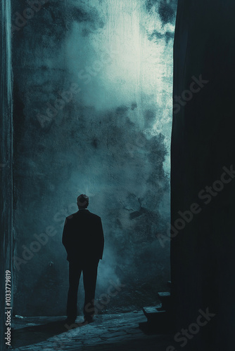 A lone person navigates a dark, atmospheric alley, shrouded in mist and mystery.