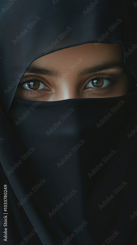 Alluring woman with face covered by a veil, revealing captivating eyes. Arabic royalty, queen, princess, or sorceress concept. Female wearing Niqab, Burqa, Hijab, Chador Alluring woman with face covered by a veil, revealing captivating eyes. Arabic royalty, queen, princess, or sorceress concept. Female wearing Niqab, Burqa, Hijab, Chador