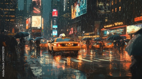 A busy crosswalk on a rainy New York night, with people rushing under their umbrellas as taxis splash through puddles, and towering billboards light up the scene. photo